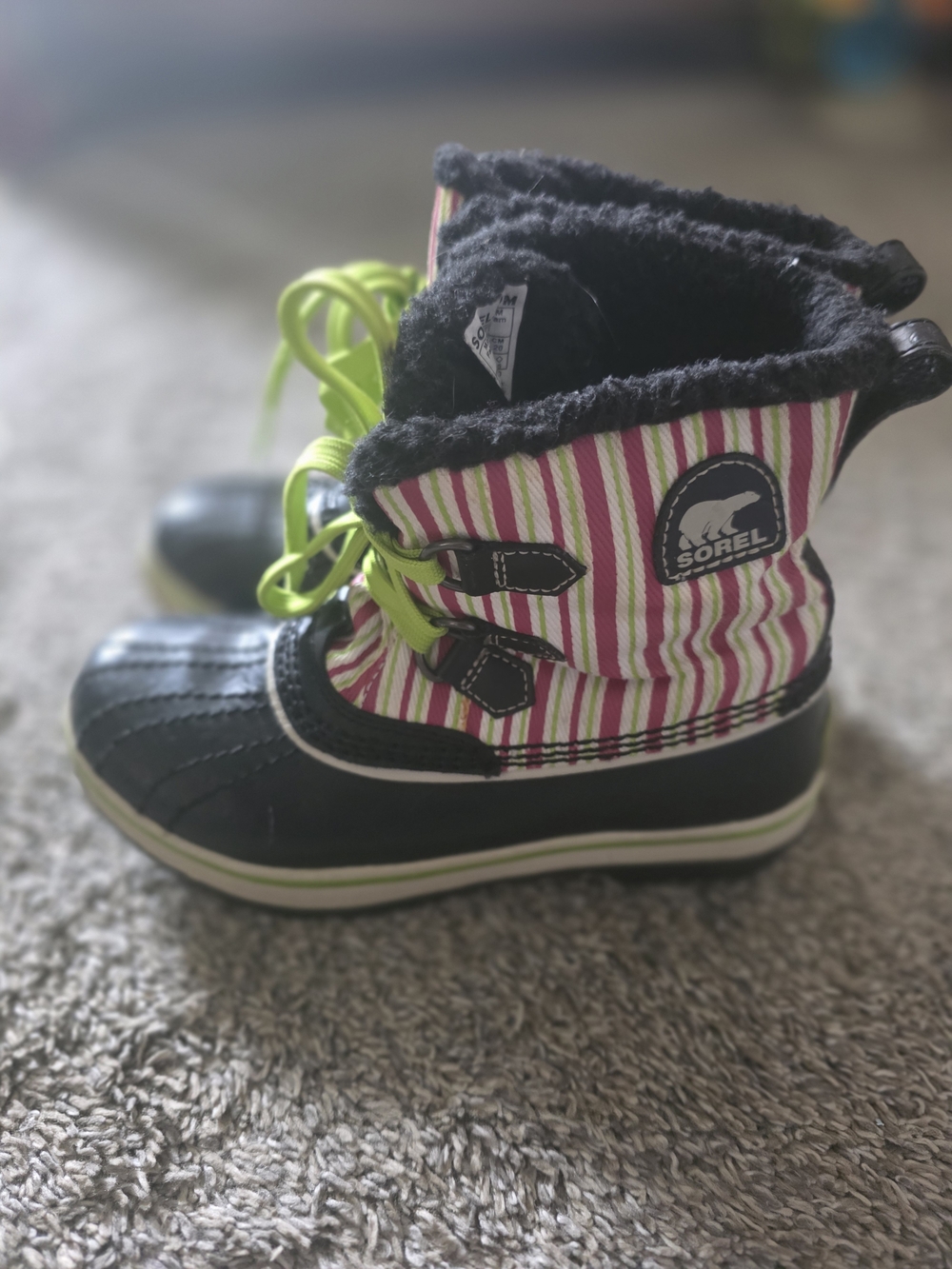 Sorel Kids Black, Pink & White Stripe Winter Boots with Lime Laces